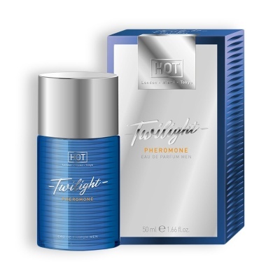Frasco e caixa de perfume azul e prateado HOT Twilight Pheromone para homem