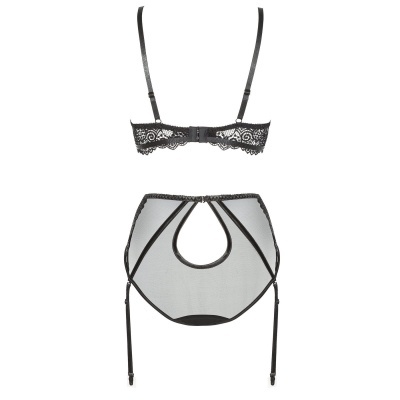 Conjunto de lingerie preto com renda e cinta-liga em rede transparente