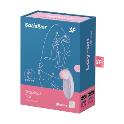 Embalagem do vibrador Lay-on Satisfyer Tropical Tip azul e rosa com texto e ícones