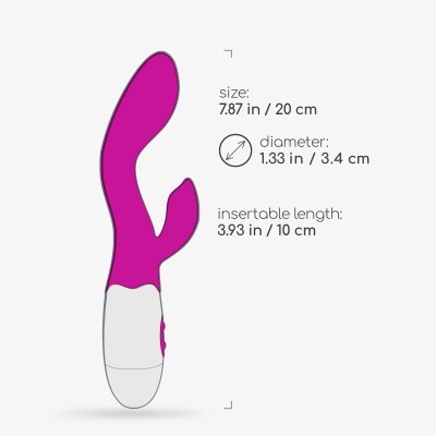Vibrador rosa com base branca e medidas indicadas