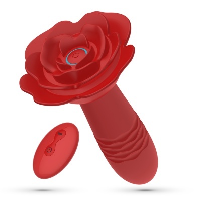 Vibrador rosa com controle remoto, forma de flor e silicone vermelho