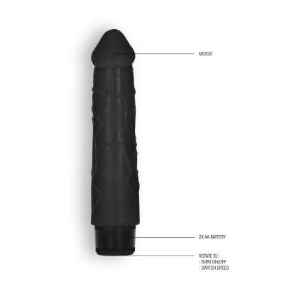 Vibrador preto com textura e instruções visíveis