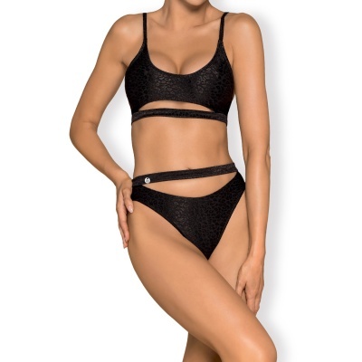 Conjunto de bikini feminino preto com padrão animal e tiras finas