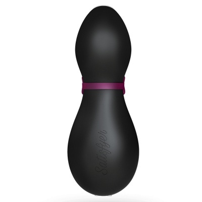 Dispositivo preto em forma de pêra com anel roxo e texto Satisfyer gravado
