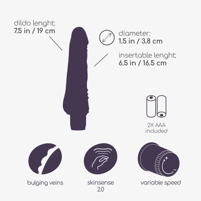 Ilustração de dildo roxo com medidas e características técnicas