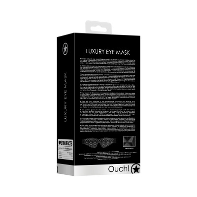 Embalagem preta e branca de máscara de olhos LUXURY EYE MASK com texto e imagens na parte de trás