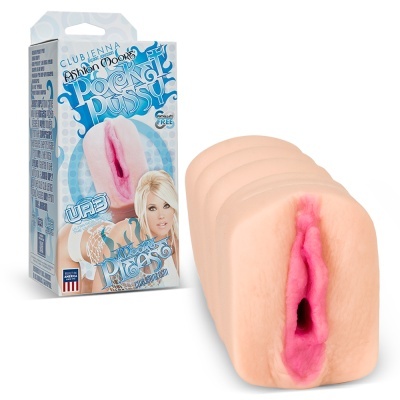 Masturbador masculino de silicone cor pele com abertura vaginal rosa e embalagem com texto e imagem de mulher.