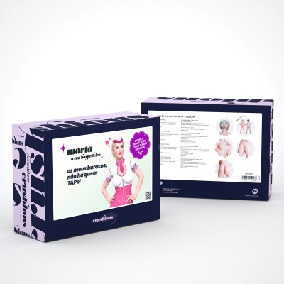 Caixa de produto roxa com ilustração pin-up e texto em português.