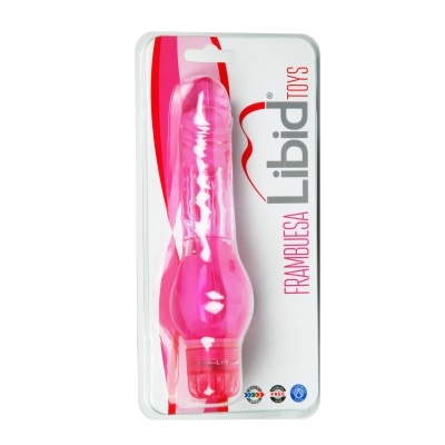 Vibrador cor-de-rosa translúcido em embalagem de blister com texto LIBID TOYS e FRAMBUESA