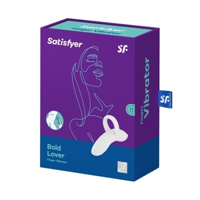 Embalagem do vibrador 'Bold Lover' da Satisfyer em roxo e azul com desenho estilizado e texto