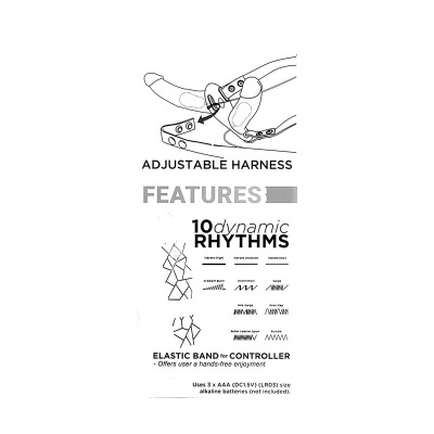 Ilustração de arnês ajustável e texto descritivo sobre funcionalidades e instruções