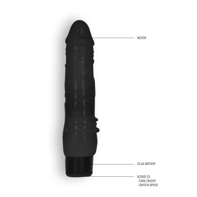 Vibrador preto com texto indicativo ao lado em fundo branco