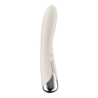 Vibrador branco curvo com base em prata e inscrição SP