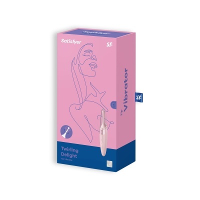 Embalagem rosa e azul de vibrador Satisfyer Twirling Delight com desenho de mulher em linha contínua