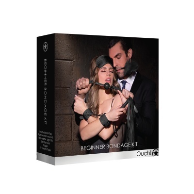 Embalaem preto para kit iniciantes bondage com casal e texto BEGINNER BONDAGE KIT e Ouch!