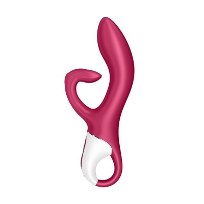 Vibrador rosa com design curvado e parte branca com pega circular