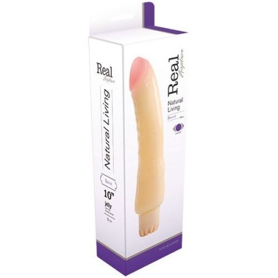 Embalagem branca com dildo cor pele exibido, texto 'Real Apetite Natural Living' e medir 10''.