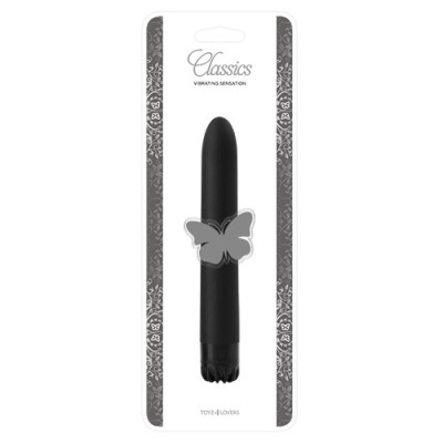 Vibrador preto embalado em blister branco com bordas cinzentas e texto Classics Vibrating Sensation