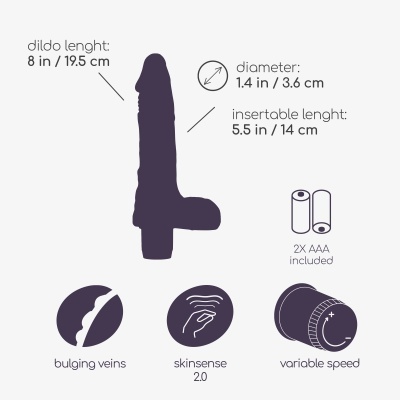 Ilustração de dildo preto com medidas e características técnicas
