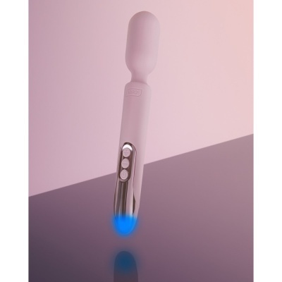 Varinha vibratória cor-de-rosa com botões e luz azul na base