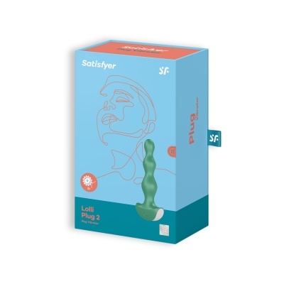 Caixa azul e verde do Lolli Plug 2 da Satisfyer com texto e ilustração de rosto em linha.