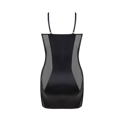 Vestido preto curto com painéis laterais transparentes sobre fundo branco