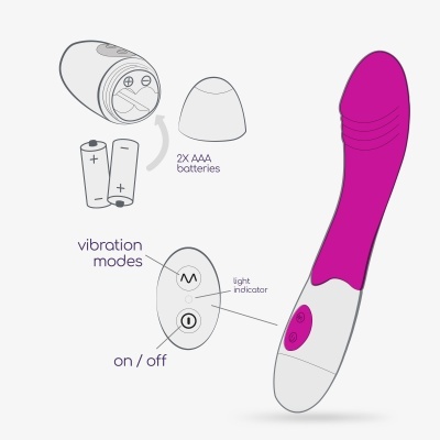 Vibrador rosa e branco com botão, indicador luminoso e ilustrações de pilhas AAA