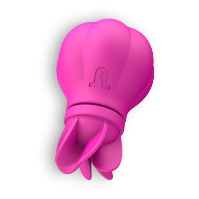 Produto cor-de-rosa em silicone com formato floral, sobre fundo branco