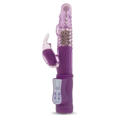 Vibrador roxo translúcido com estimulador e painel de controlo
