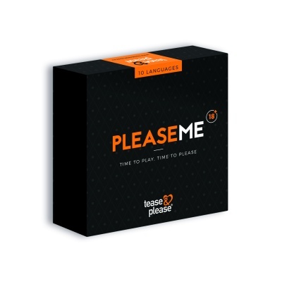 Caixa preta do produto Please Me com texto e etiqueta laranja