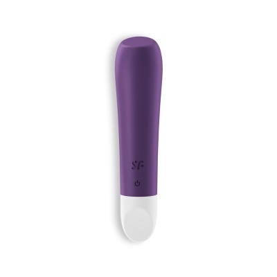 Vibrador roxo com base branca e botão de energia