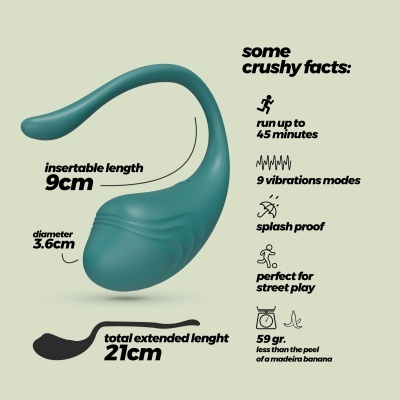 Dispositivo erótico azul com especificações de tamanho e características técnicas
