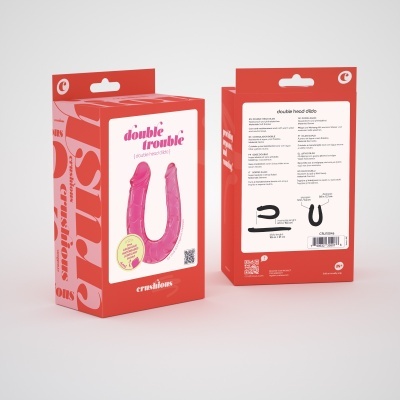 Caixa vermelha de dildo dupla cabeça cor-de-rosa com embalagem e texto detalhado