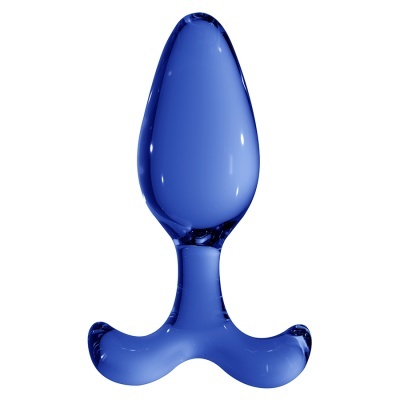 Plug anal azul em vidro com design curvado e superfície lisa