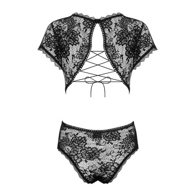 Conjunto de lingerie preta em renda com padrão floral