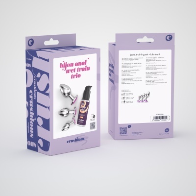 Caixa roxa de conjunto bijou anal com três plugs metálicos e lubrificante