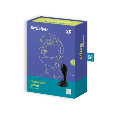 Embalagem azul e verde com plug vibratório preto da marca Satisfyer