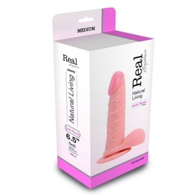 Caixa de dildo rosa Real Natural Living tamanho médio com texto e fundo branco e rosa