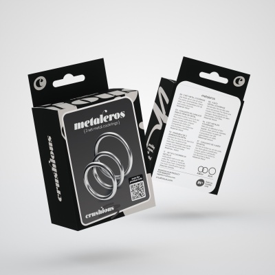 Caixa preta e cinza com anéis metálicos 'metaleros'
