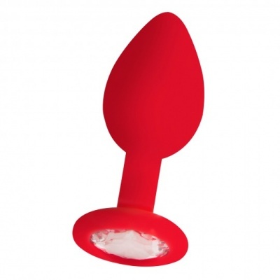 Plug anal vermelho de silicone com base translúcida e cristais