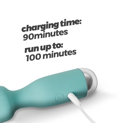 Dispositivo azul turquesa com cabo de carregamento e texto informativo em fundo branco