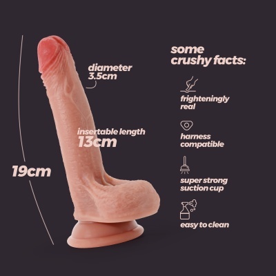 Dildo cor de pele com ventosa e texto de características em fundo preto