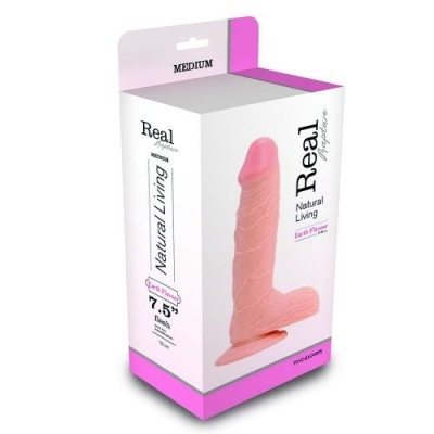 Embalagem de dildo rosa com texto Real Natural Living