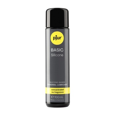 Frasco preto e cinzento de lubrificante pjur Basic Silicone 100 ml