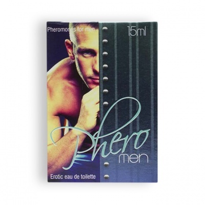 Embalagem de perfume para homem Phero men com imagem de homem e texto