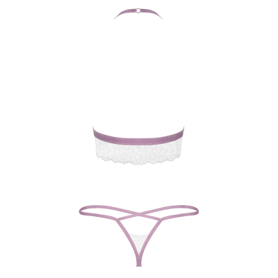 Conjunto lingerie branco transparente com renda e detalhes lavanda