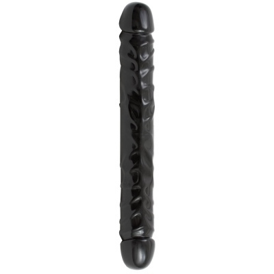 Dildo duplo preto com textura nervurada e pontas arredondadas