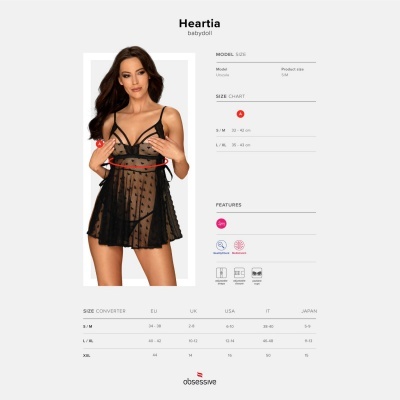 babydoll Heartia preto transparente com pequenos corações e tiras decorativas