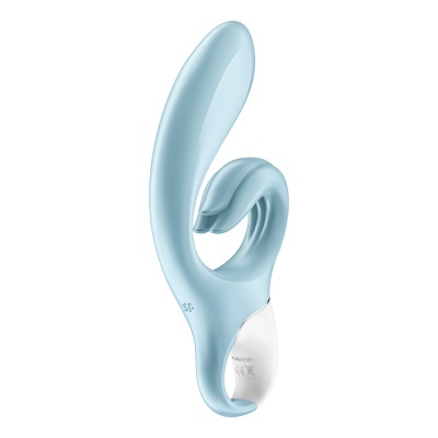 Vibrador azul claro com duas extremidades curvas e parte inferior branca
