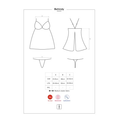 Desenho técnico de baby-doll lingerie com tabela de tamanhos e ícones de características